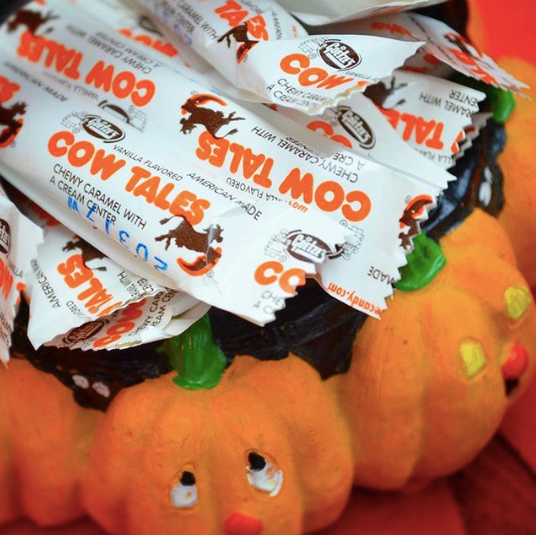 Photo fo Cow Tales candies in a Halloween bowel.