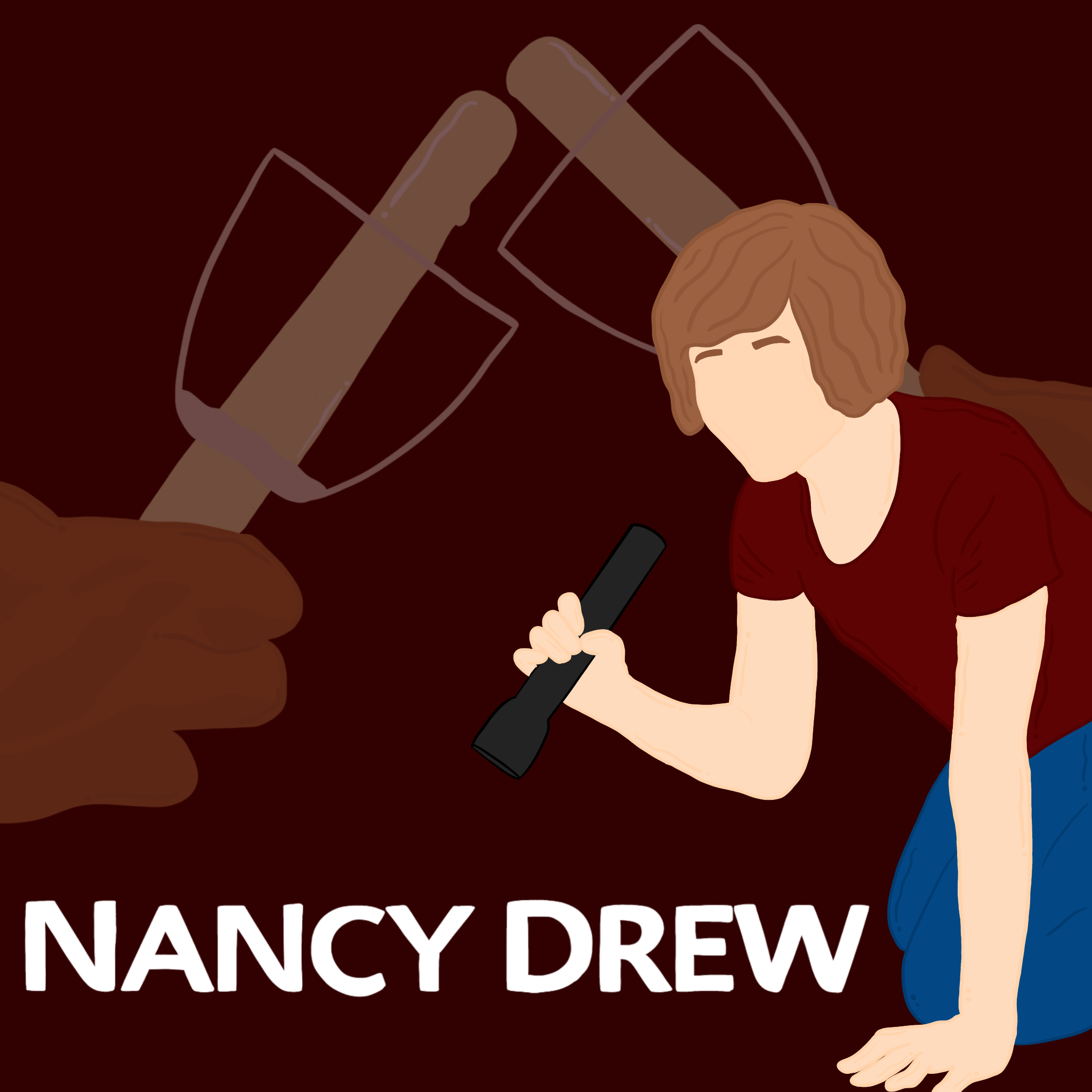 Graphic depicting Nancy Drew looking for clues.