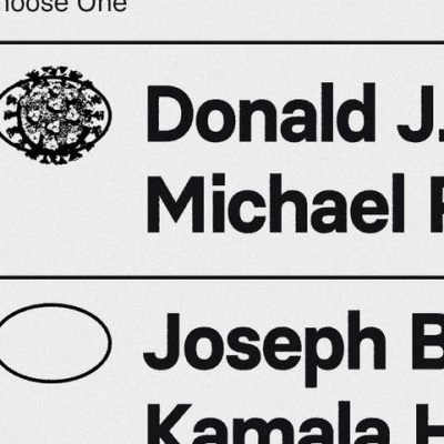 Election ballot with Trump and Biden's names, and a covid-shaped mark next to Trump's name