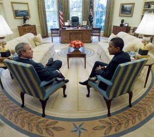 President George W. Bush meets with President-elect Barack Obama in the Oval Office of the White House on Nov. 10, 2008.