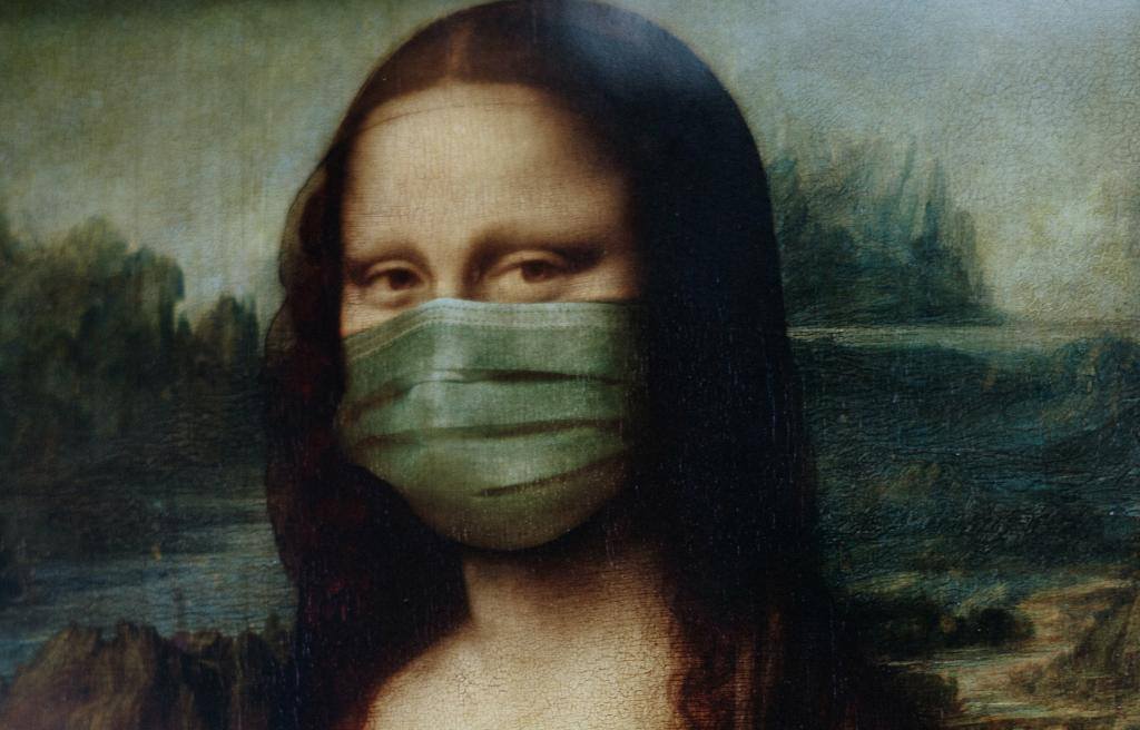 Famous Mona Lisa painting with her smile covered with a 21st century medical mask.