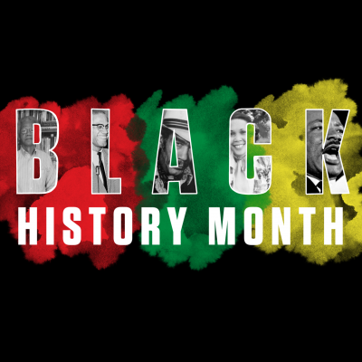 Black History Month 2021 logo. Block letters filled with images of Black people spell out the word Black with history month spelled out below in solid block letters. Clouds of red, black, and yellow add color to a black background.