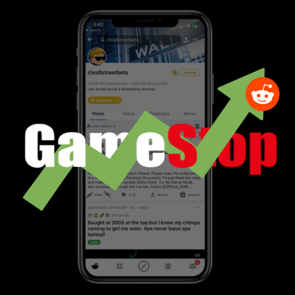 GameStop logo over a stock market screenshot on a cell phone.