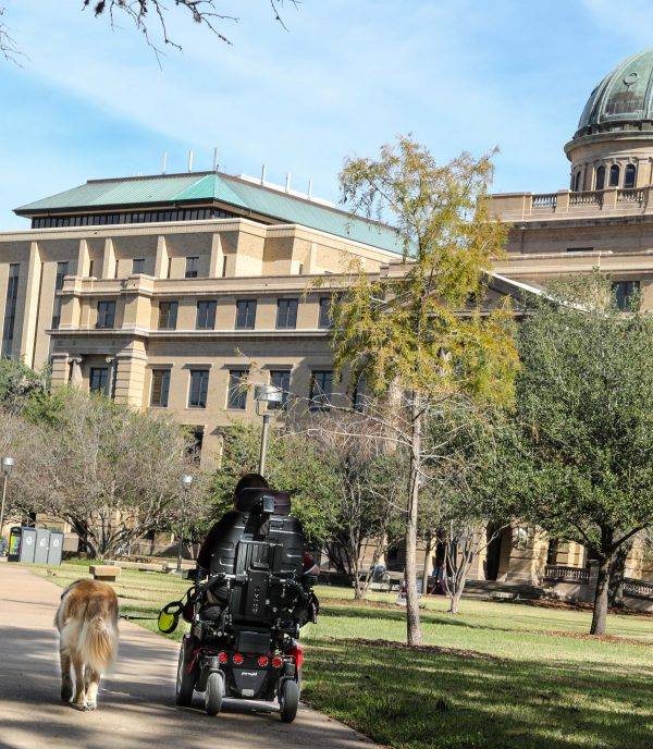 Student rolls through campus in a motorized wheelchair with their service dog. 