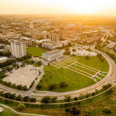Areal view of the front entrance to Texas A&M University.