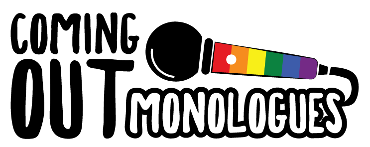 A microphone with a rainbow case has a cord that spells out "Coming Out Monologues." 