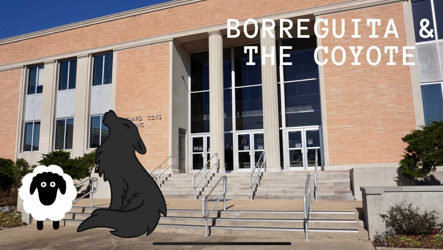 Graphic of Borreguita and the coyote in front of the Coke Building.