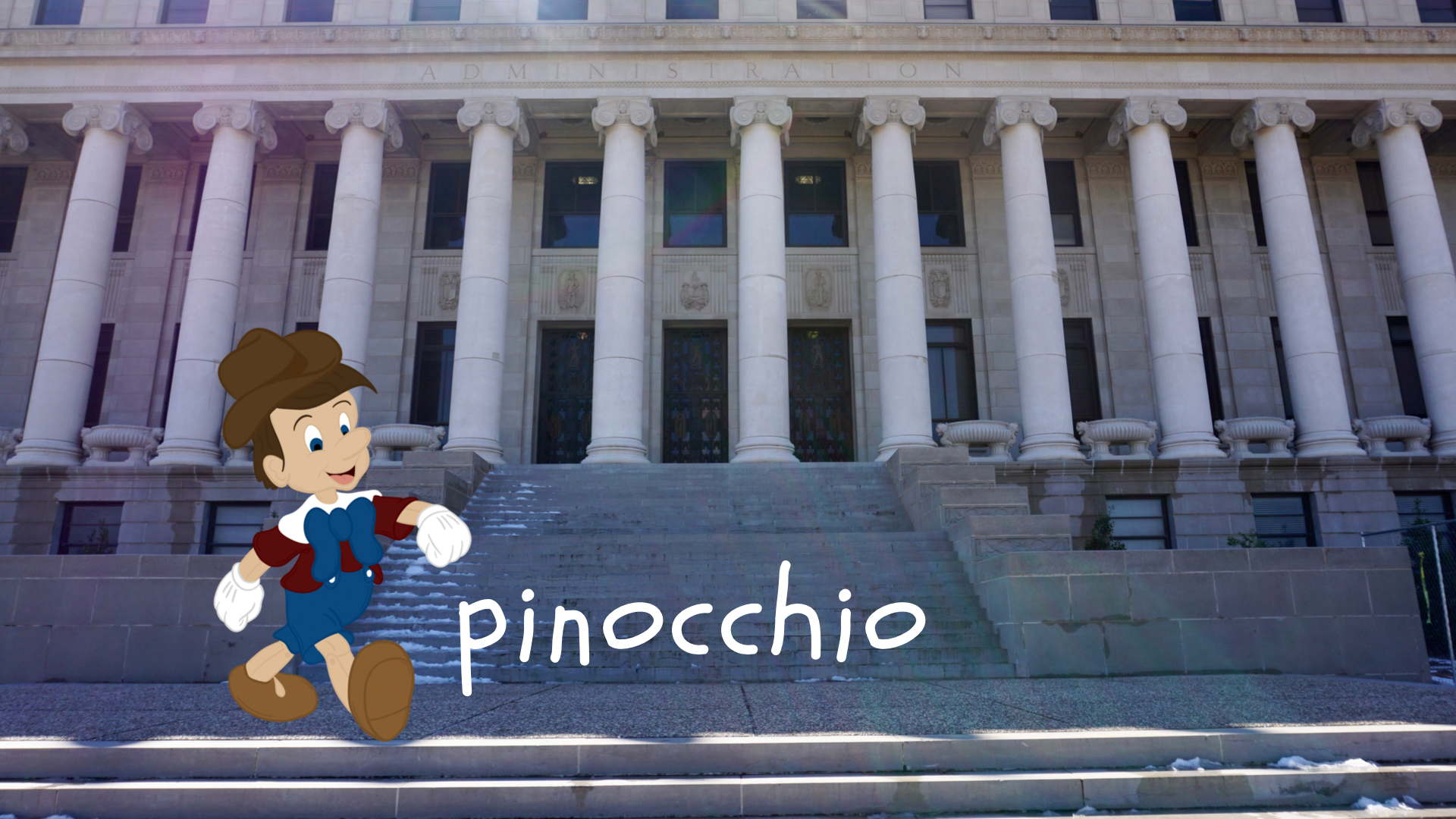 Pinocchio takes a leisurely stroll through campus on a sunny day. 