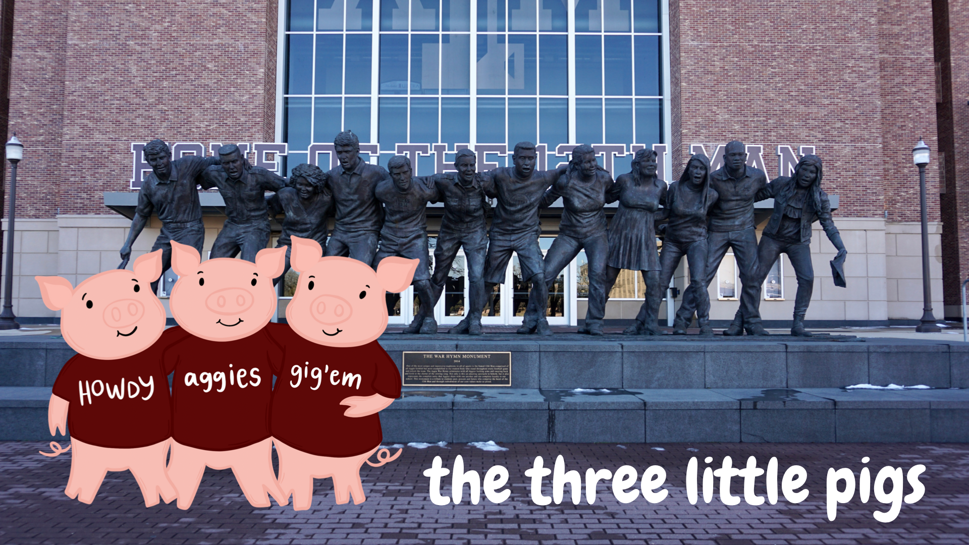 The three little pigs sway and sing the Aggie War Hymn in front of the Aggie War Hymn statue at Kyle Field.