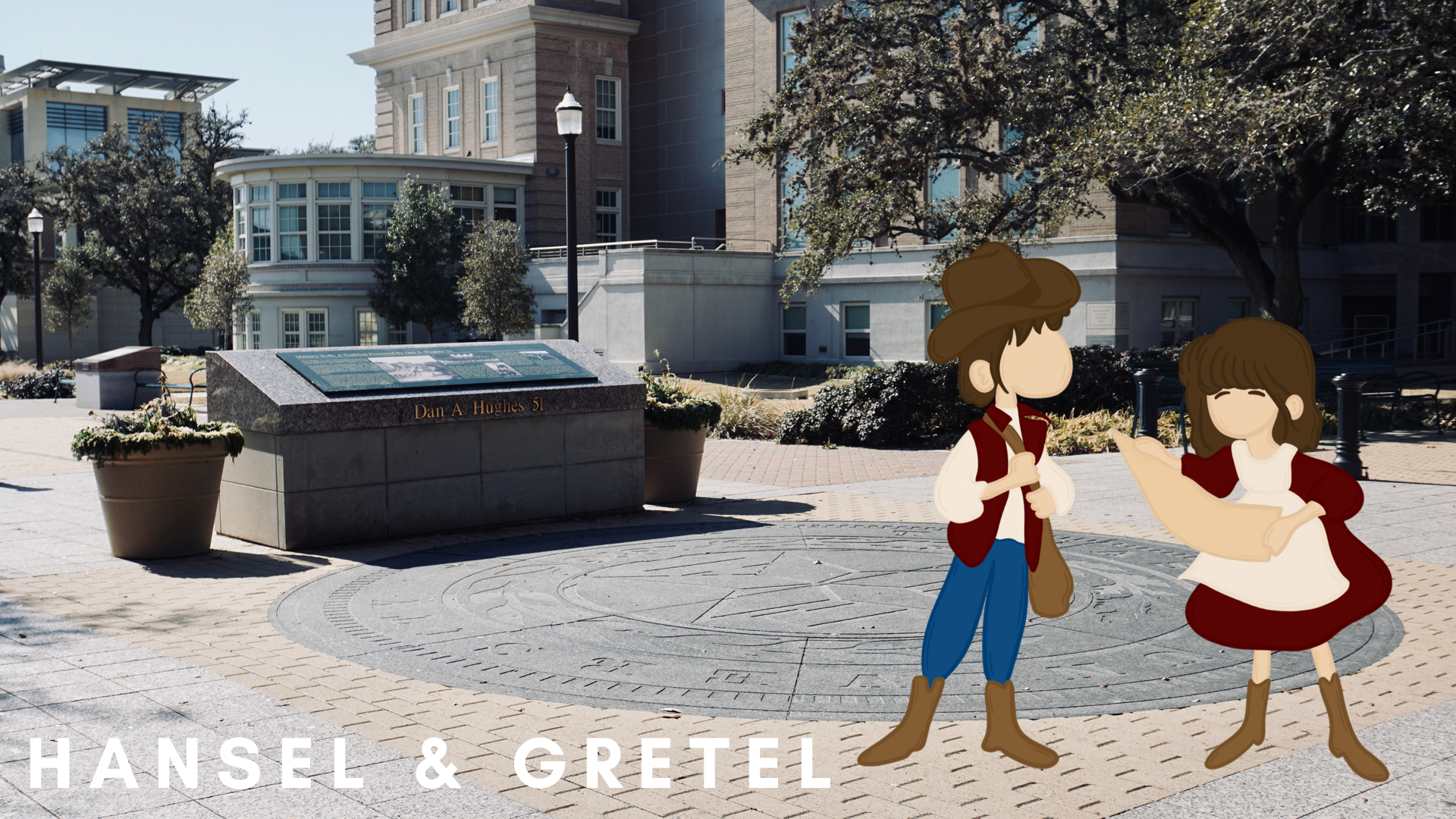 Hansel and Gretel study a map of campus.