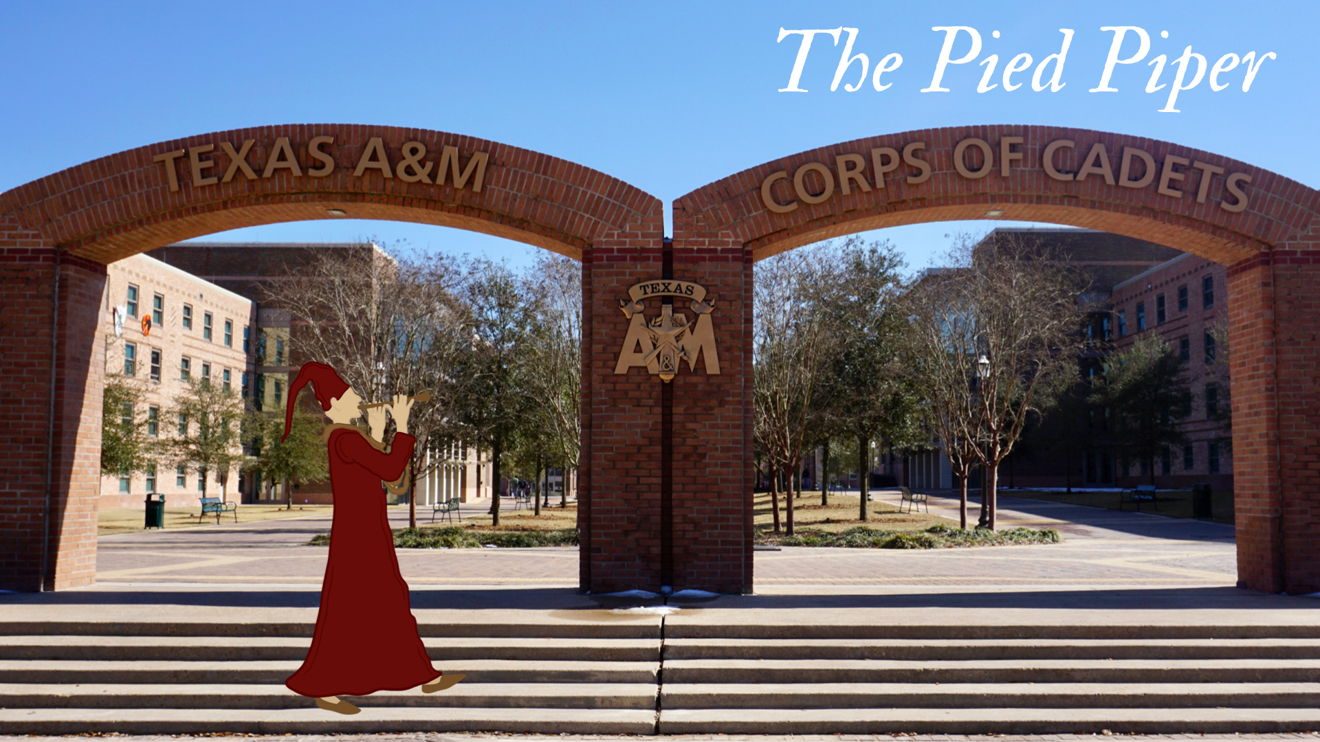 The Pied Piper of Aggieland walks through the quad on campus.