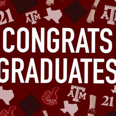 Graphic with maroon background and white letters that say Congrats Graduates.