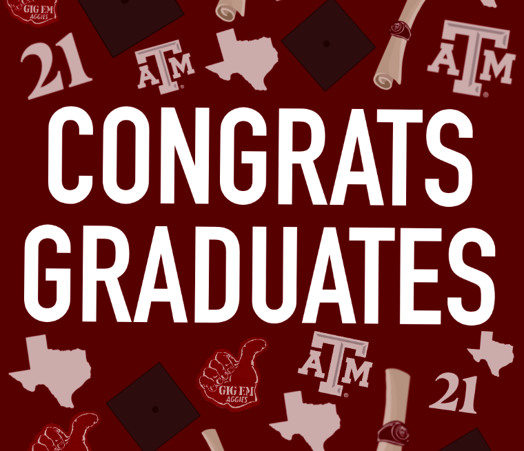 Graphic with maroon background and white letters that say Congrats Graduates.