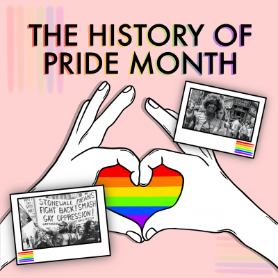 Graphic of hands forming a rainbow-colored heart and black and white photos of the first Pride march