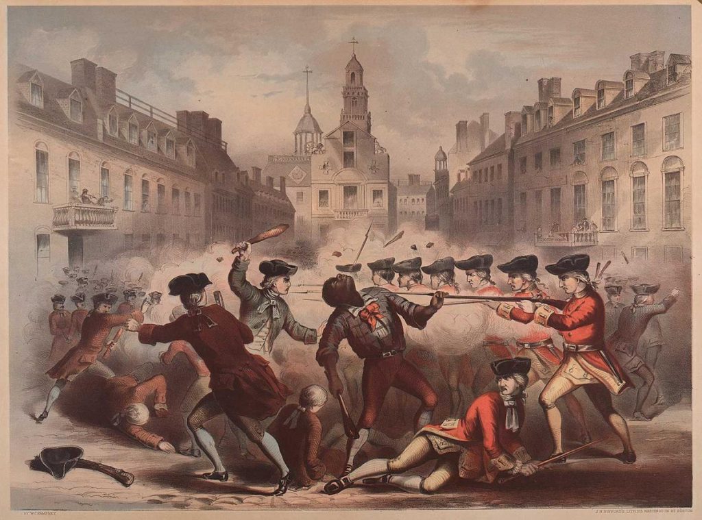 Painting showing the death of Crispus Attucks. J. H. Bufford (after W. Champney), “Boston Massacre, March 5, 1770,” (Boston: 1856). Courtesy of Massachusetts Historical Society.