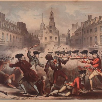 Painting showing the death of Crispus Attucks. J. H. Bufford (after W. Champney), “Boston Massacre, March 5, 1770,” (Boston: 1856). Courtesy of Massachusetts Historical Society.