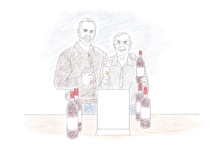 Sketch of Meadows and his father selling wine at Aggieland Outfigers. 