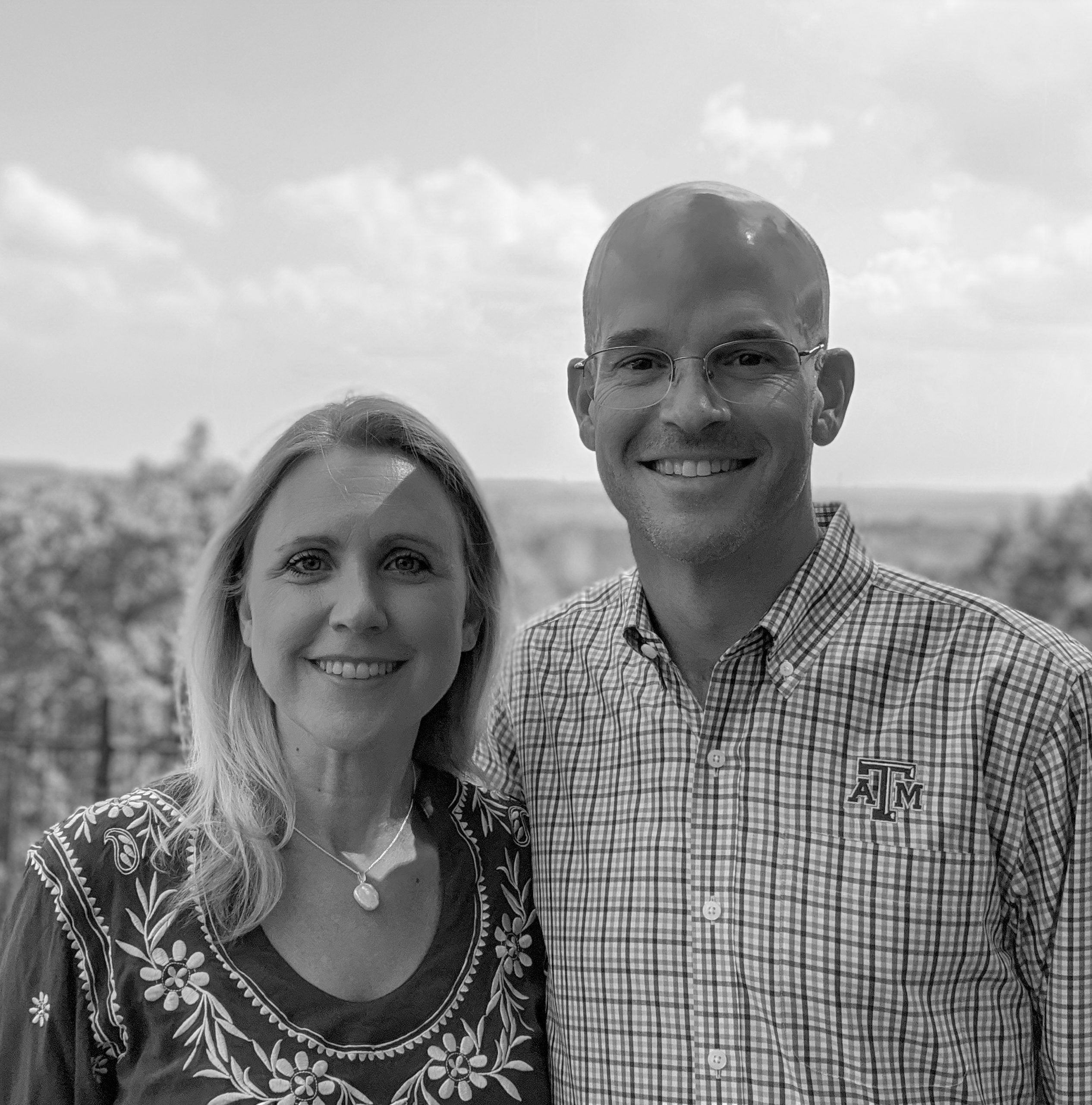 Black and white photo of Brian Smith and his wife Stacy. 