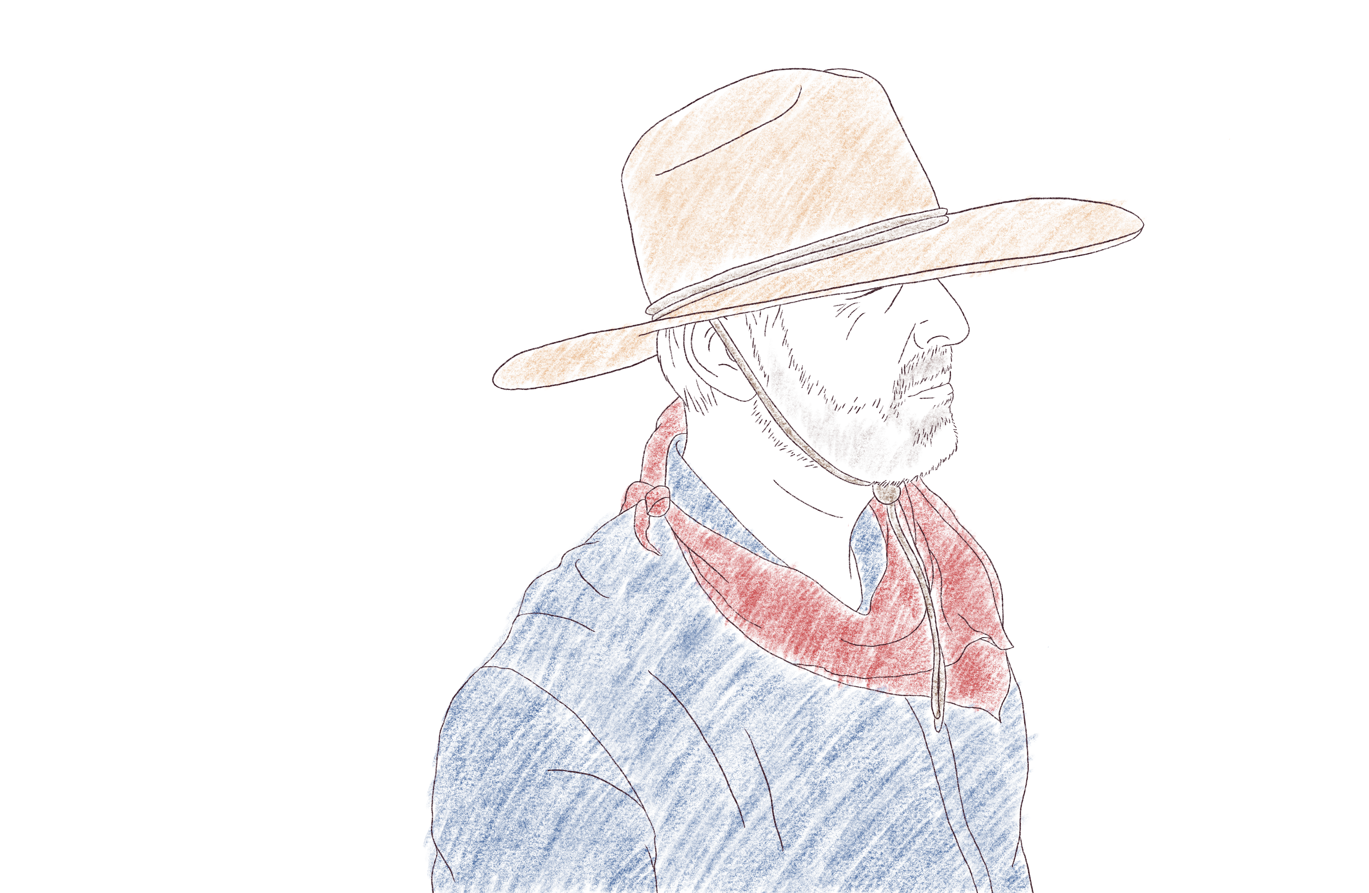 Sketch of Meadows looking over 12 Fires' newly planted vineyard. A  broad brimmed straw hat covers his eyes and a satisfied smile graces his lips.