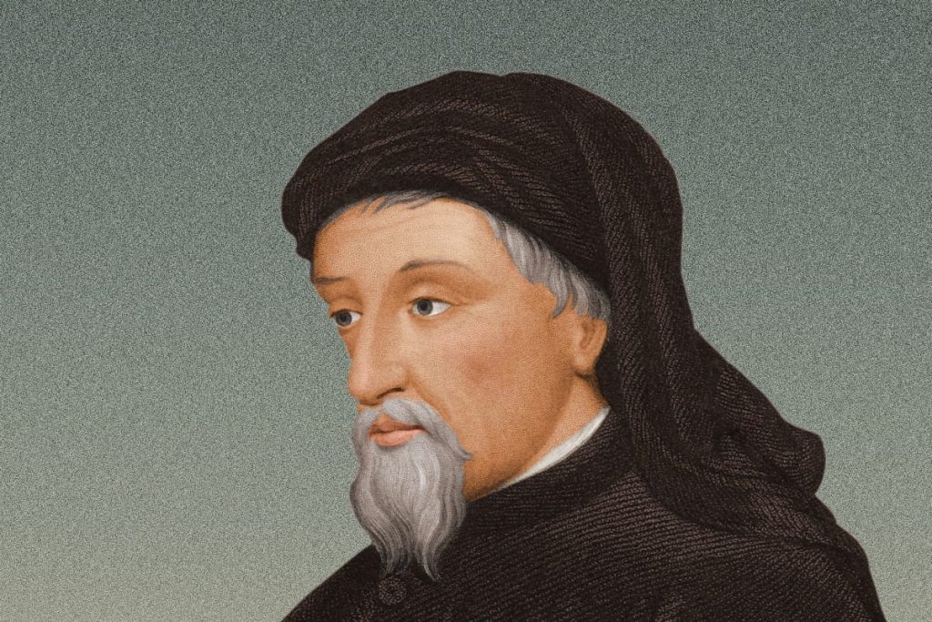 Drawing of Chaucer looking solemnly into the distance.