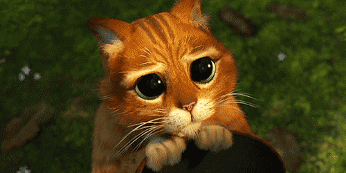 Gif of Puss in Boots making sad or begging eyes. 
