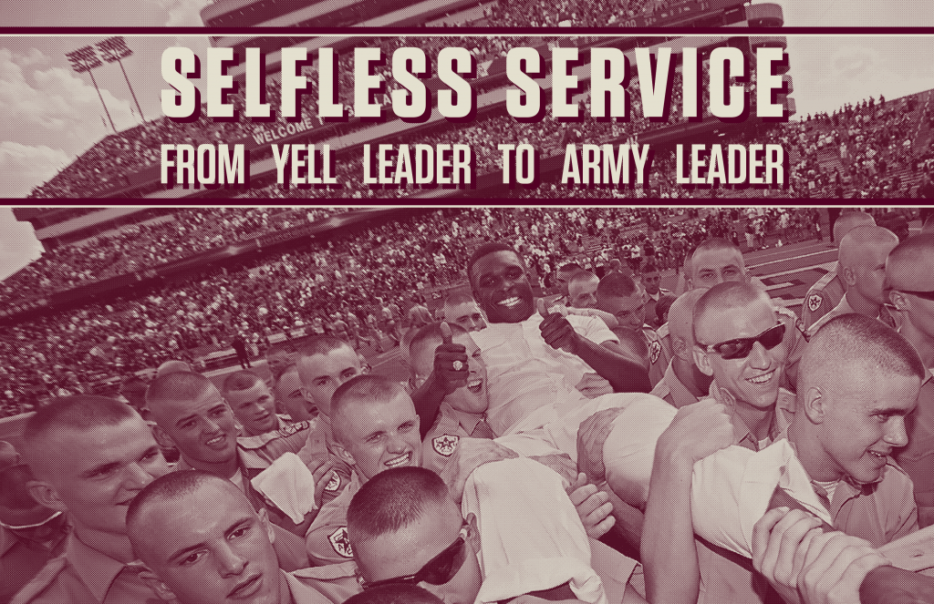 Text reads: Selfless Service, From yell leader to army leader