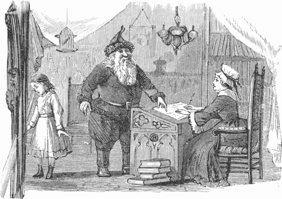 An engraved illustration of Santa Claus and what may be Mrs. Claus from the 1878 book “Lill’s Travels in Santa Claus Land and Other Stories” by Ellis Towne, Sophie May and Ella Farman