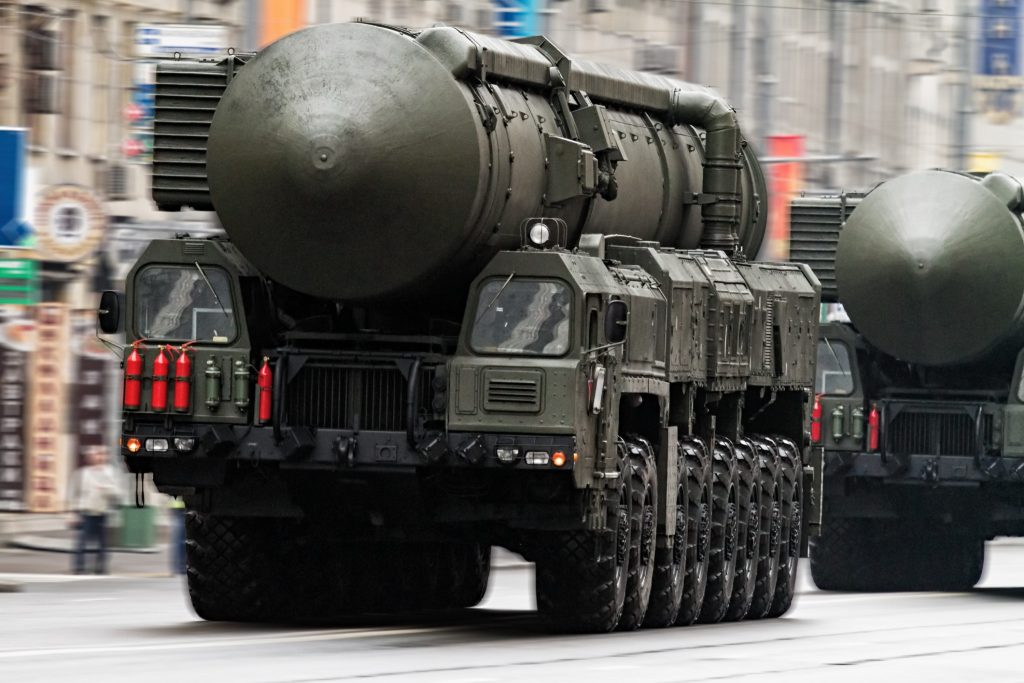 Convoy of Russian nuclear missiles in a military parade, Moscow, Russia.