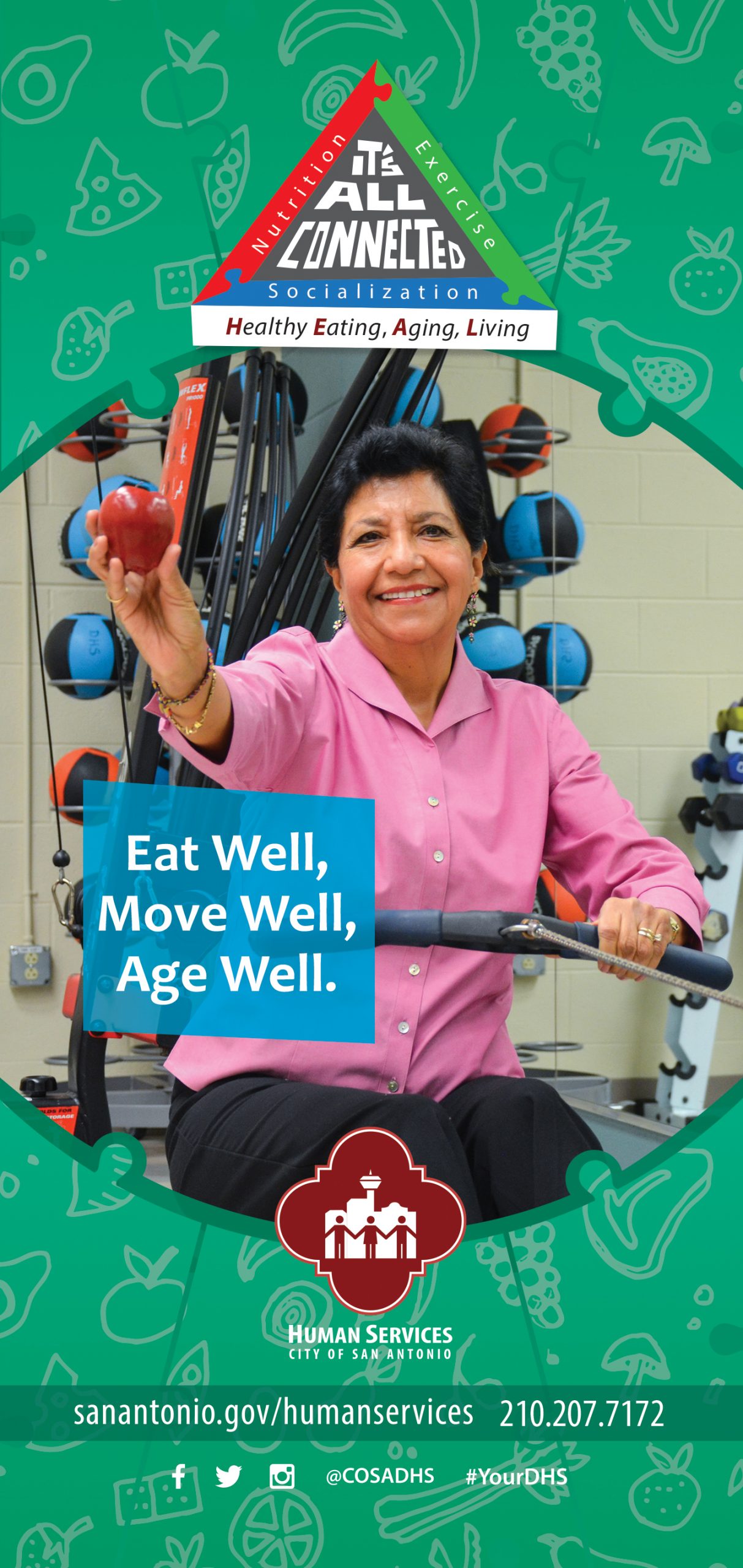 Image reads "It's all Connected Health Eating, Aging, Living. Eat well, move well, age well. sanantonio.gov/humanservices. (210) 207-7172