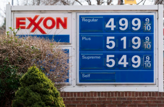 Gas prices at an Exxon are displayed.