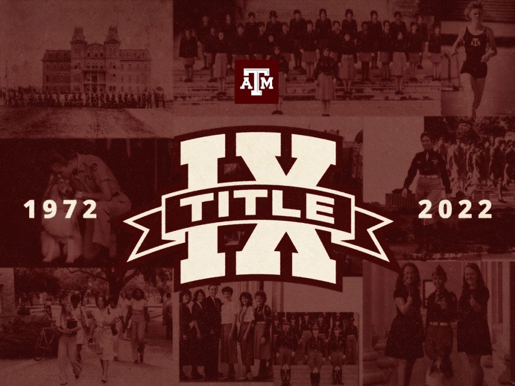 Maroon graphic that reads Title IX 1972-2022.