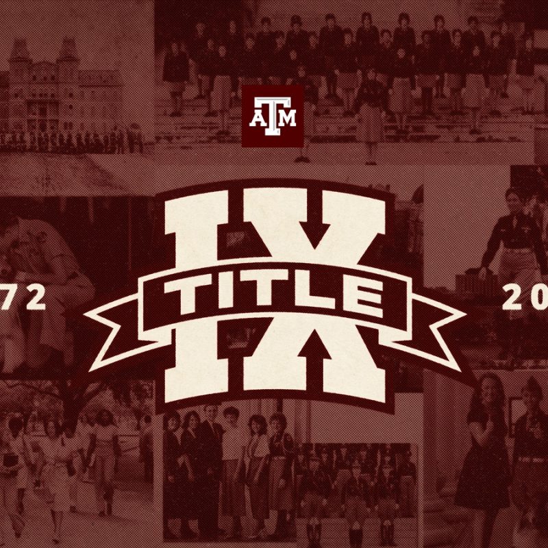 Maroon graphic that reads Title IX 1972-2022.