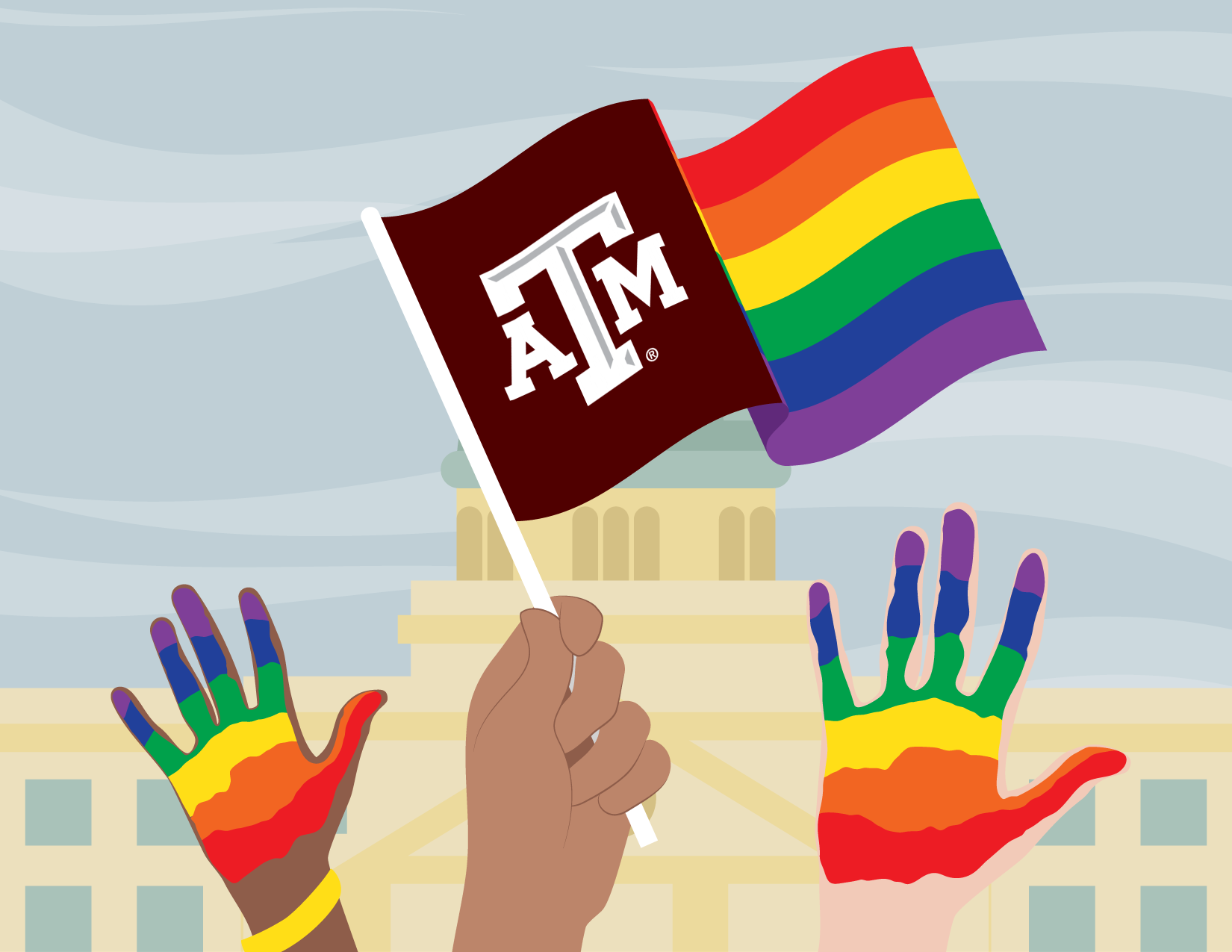 Graphic of Texas A&M University Pride flag in front of the Academic Building.