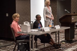 Charean Williams, Class of 1986, and Kathleen McElroy, Class of 1982, spoke to students, teachers and other attendees at Friday's seminar on diversity in journalism.
