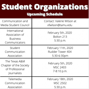 Calendar for upcoming student organization meetings.